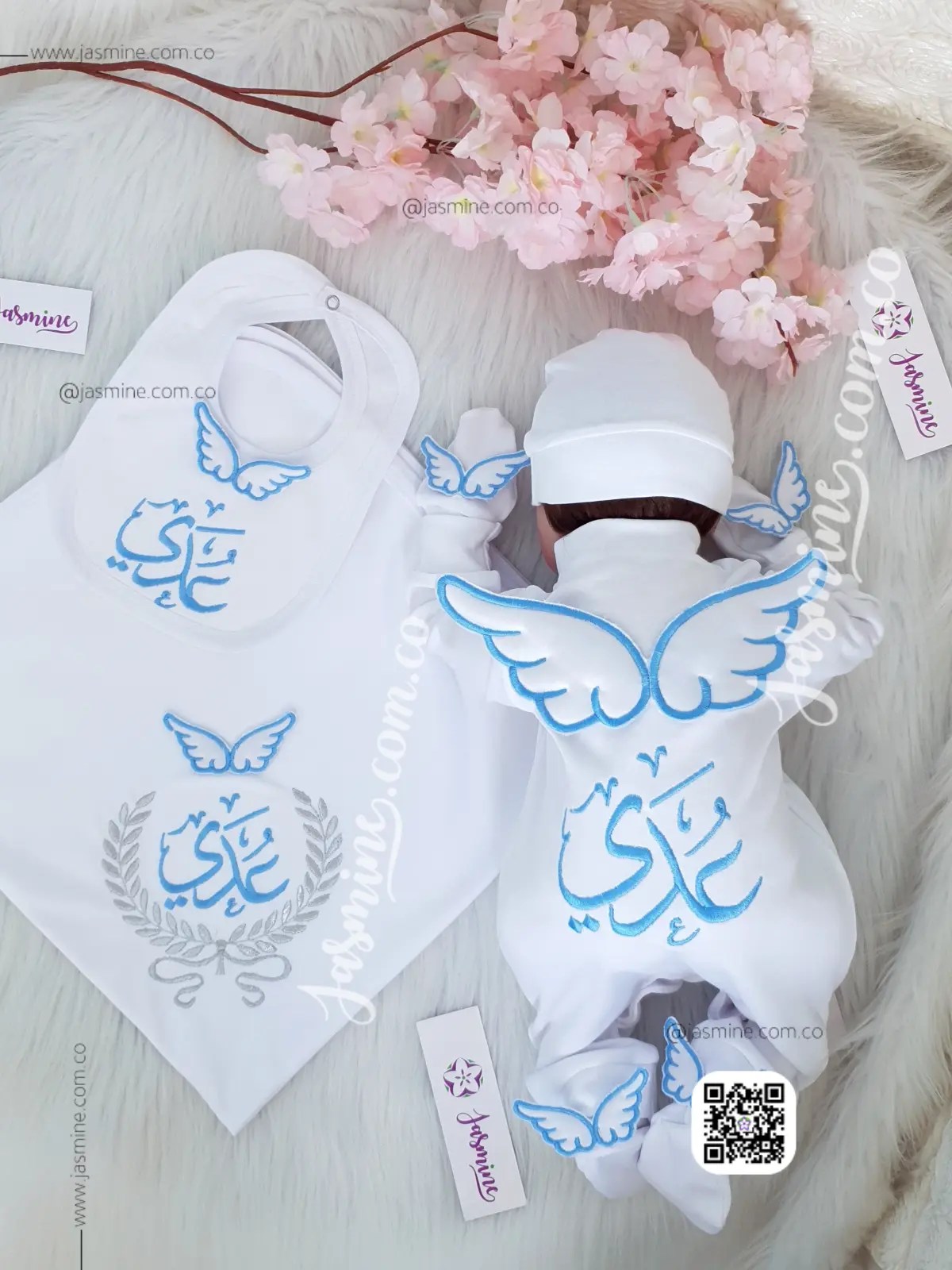 طقم قطن استقبال مولود تطريز 6 قطع صيفي ( عدي ) جناحات بارزة