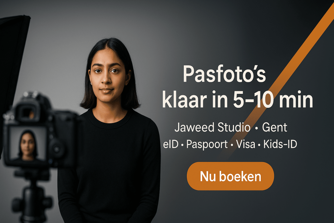 Pasfoto Gent – klaar in 5–10 min | Jaweed Studio Pasfoto studio in Gent – neutrale achtergrond en professionele belichting | Jaweed Studio