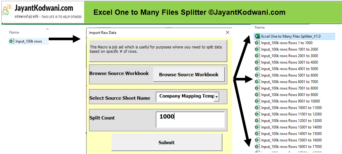 Vba Macro To Split Single Excel File Into Multiple Excel Files Basis Any Row Count Jayantkodwani 