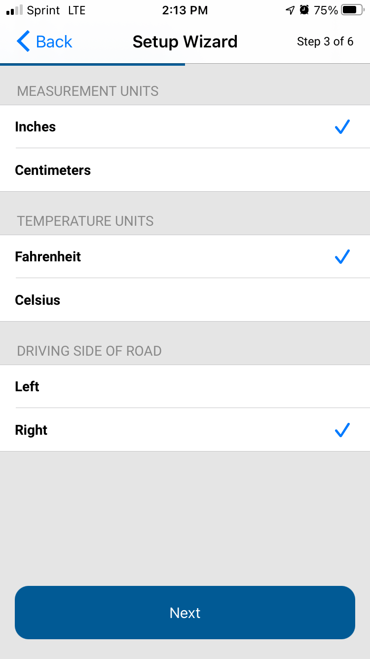 LevelMate Pro Setup Screen for units of measure