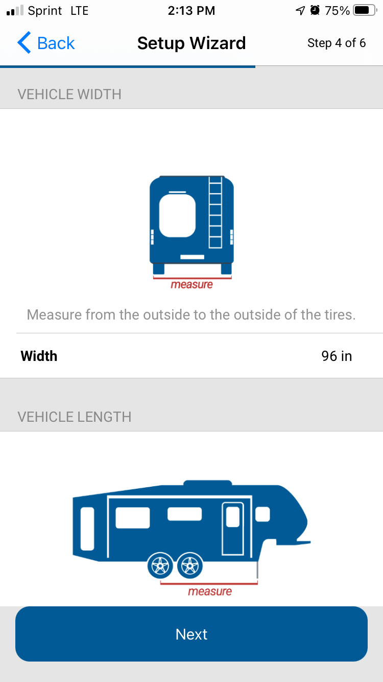 LevelMate Pro Setup Screen for your camper's specifications