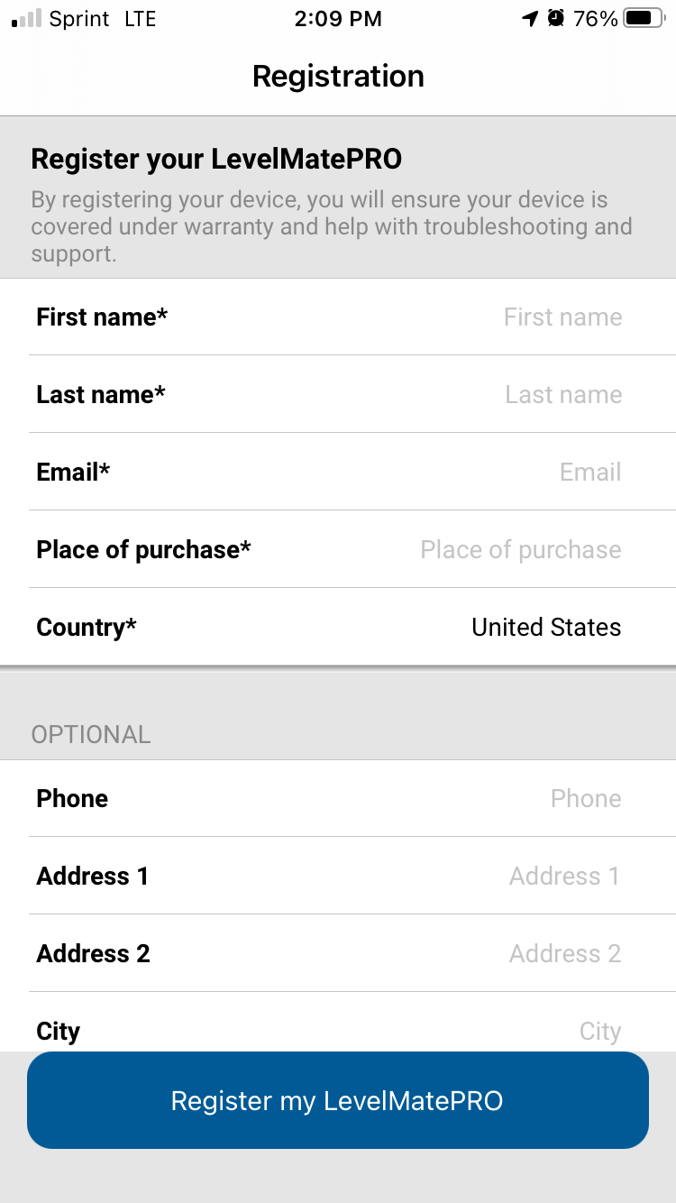 LevelMate Pro Setup Screen 1
