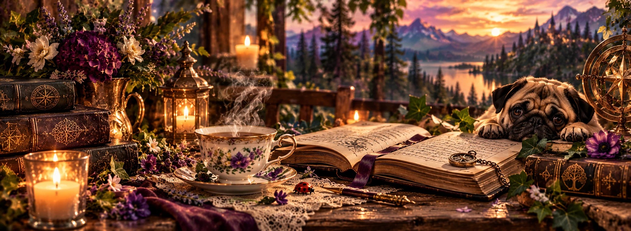 A quiet tea table with books and flowers