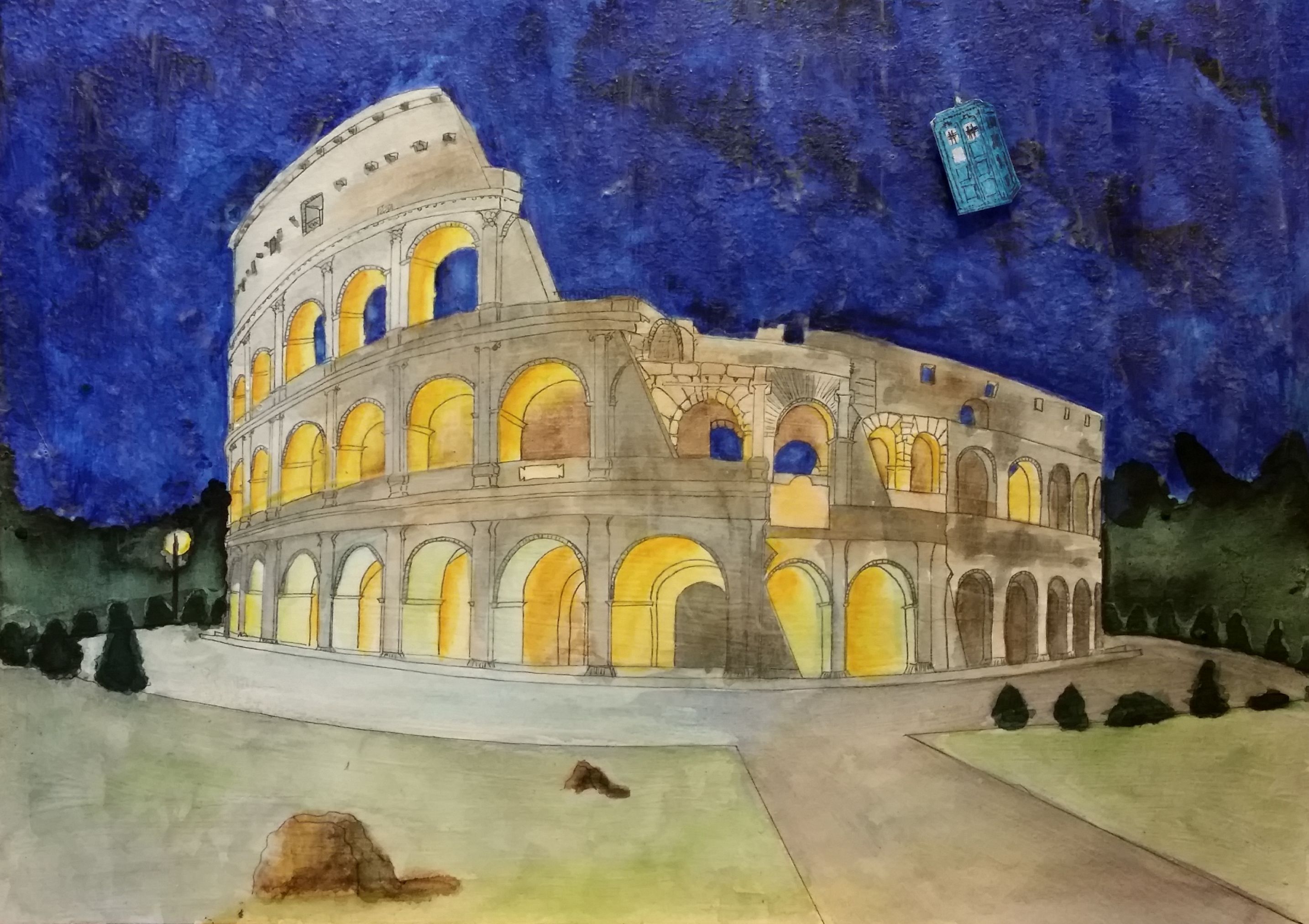 Colosseum (there's 14 layers of paint on this one and I used only blue and yellow paint)