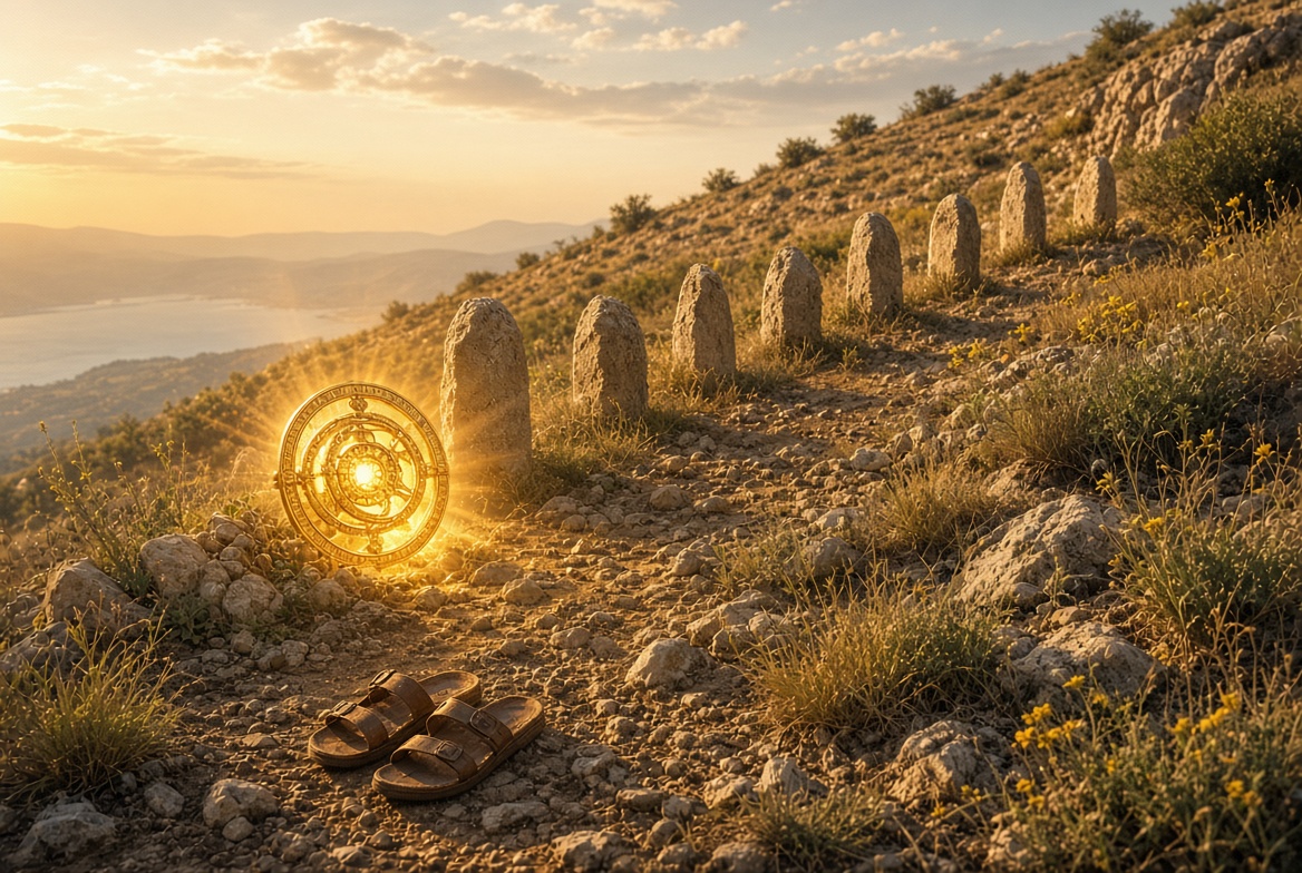 A line of low standing stones climbing a green hillside above the lake at dawn, sandals left at the foot of the path — the Beatitudes explained