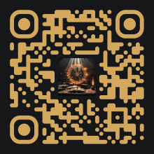 QR code in gold on black linking to the JAYMS.COM newsletter signup, with a burning Ophanim wheel above an open book set at its center