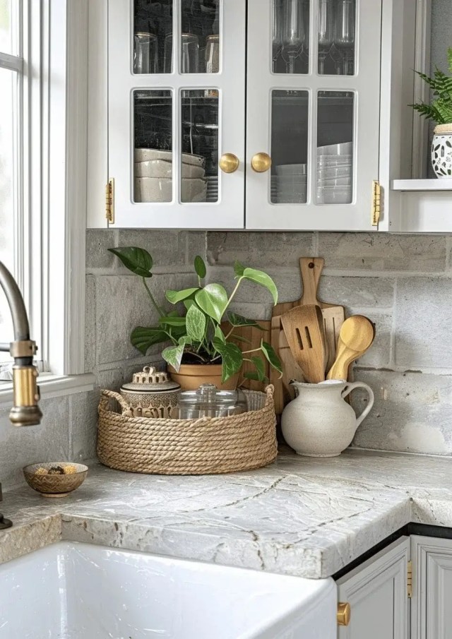 Layered kitchen counter decor with pothos plant, utensils, and woven textures, full of natural beauty and home styling charm.