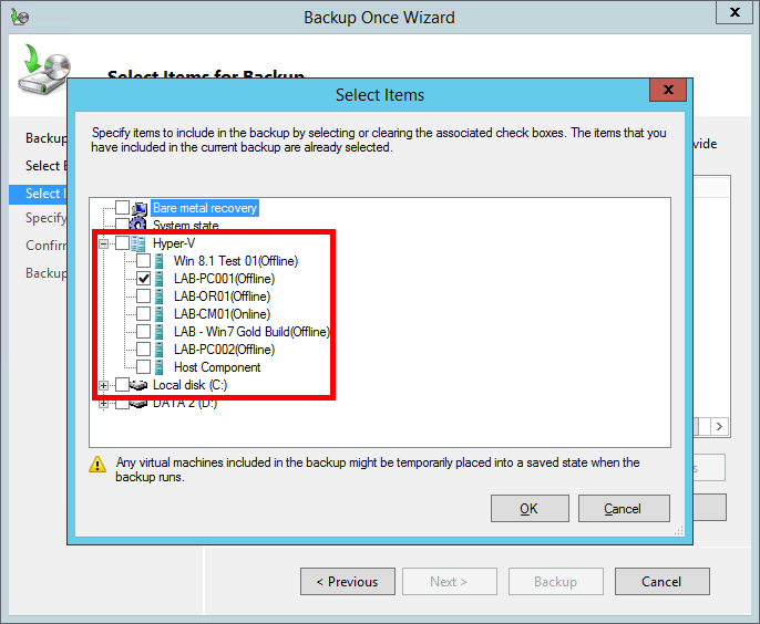 Backup Hyper-V VMs locally in Windows Server 2012 R2