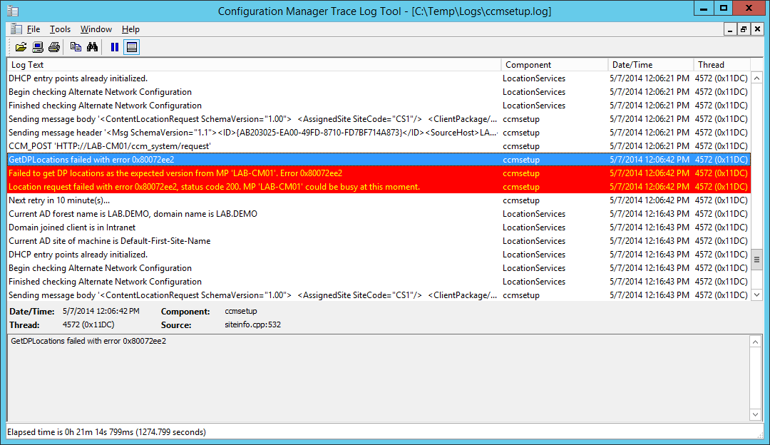 Notes from the LAB: GetDPLocations failed with error 0x80072ee2
