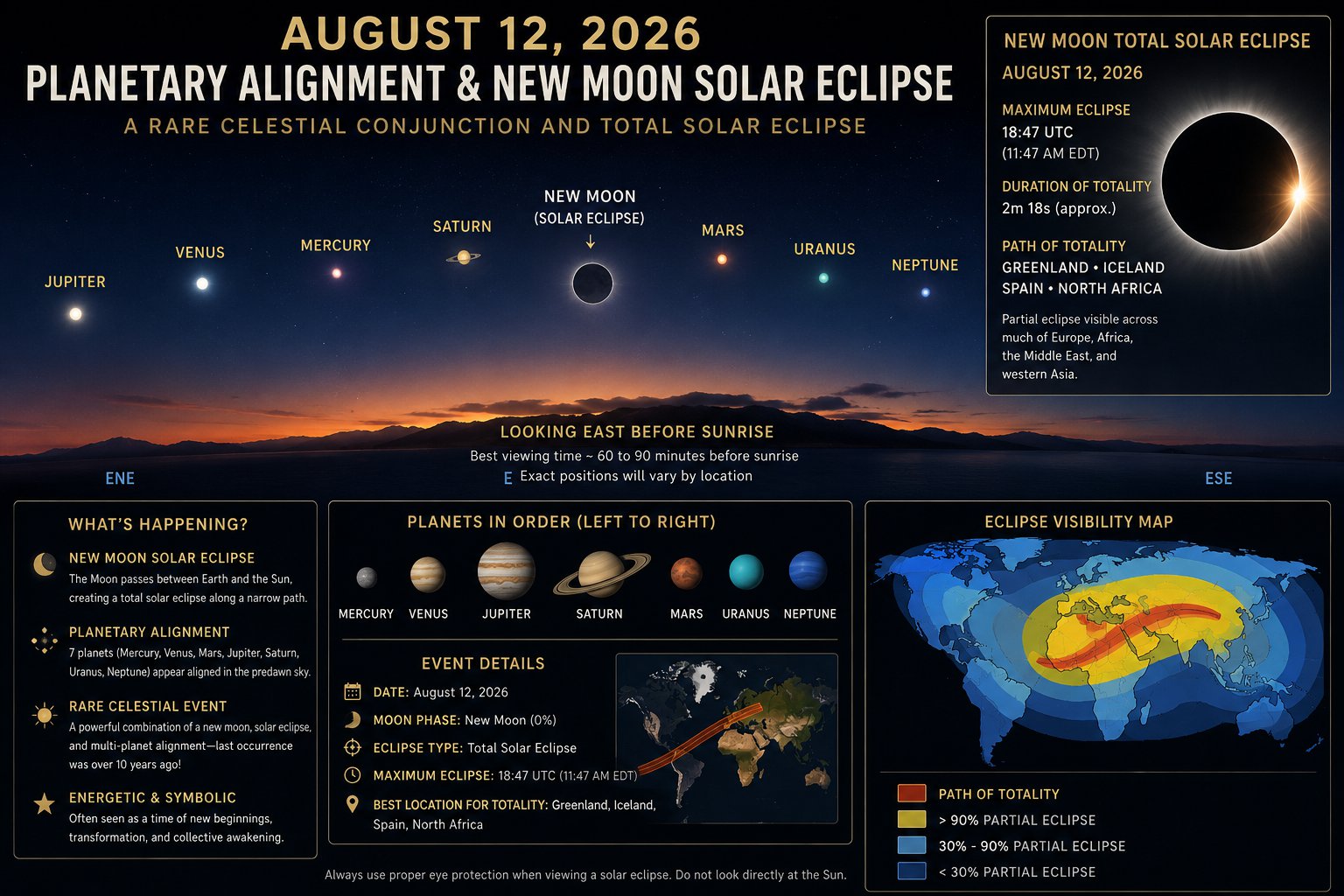 August 12th 2026 New Moon Solar Eclipse & Planetary Parade Infographic depicting the Solar Eclipse and the Planetary Alignment.