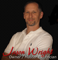 An image of our client, Jason Wright. Jason is wearing a white polo shirt and standing with his arms crossed, with the text Jason Wright Electric written at the bottom of the image.