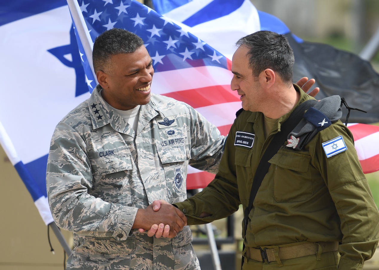 Lt. Gen. Richard Clark, left, U.S. Air Force 3rd Air Force commander, and Israel Defense Force (IDF) Commander of the Aerial Defense Array, Brig. Gen. Zvika Haimovich