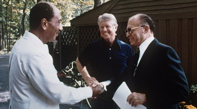 Egyptian President Anwar Sadat, U.S. President Jimmy Carter, and Israeli Prime Minister Menachem Begin at Camp David, 1978