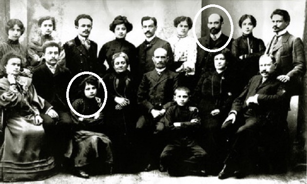 Mina, or “Fanny,” Weizmann sitting in the bottom row with her family in Pinsk, Belorussia, in 1904