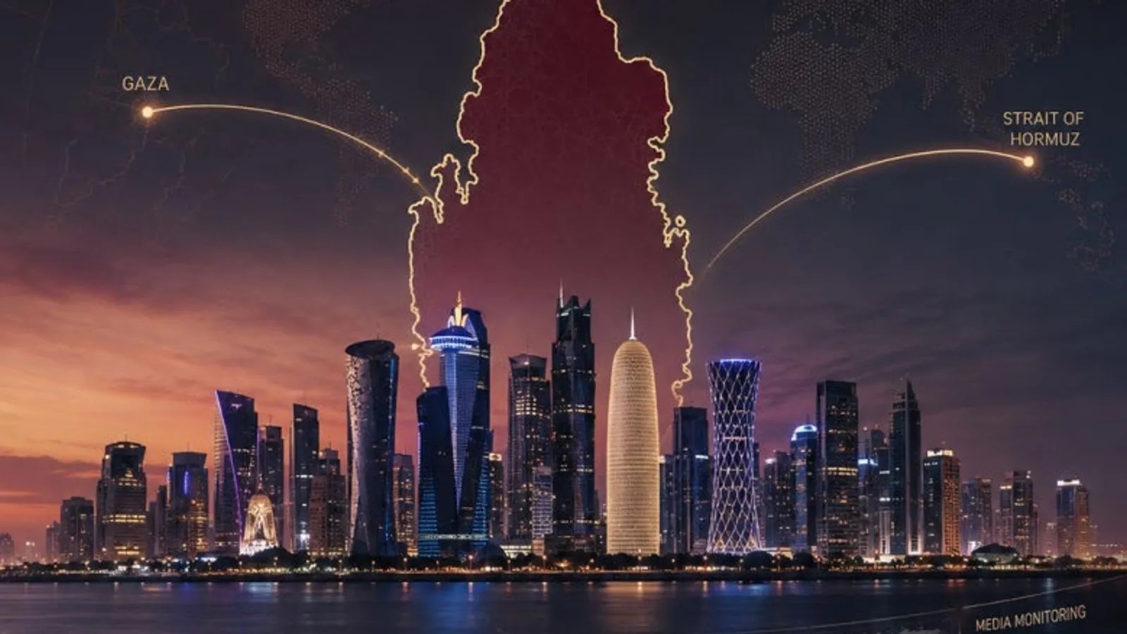 Illustration: Doha skyline with a map of the region as a backdrop