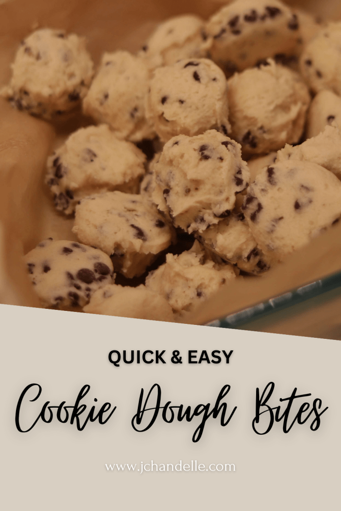 cookie dough balls in a glass baking dish pinterest graphic