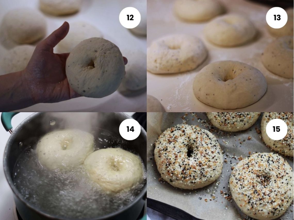 close up process shots of shaping sourdough discard bagels, boiling them, and then seasoning them on a baking sheet before baking