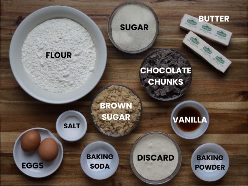 overhead photo of ingredients needed to make sourdough discard brown butter chocolate chip cookies