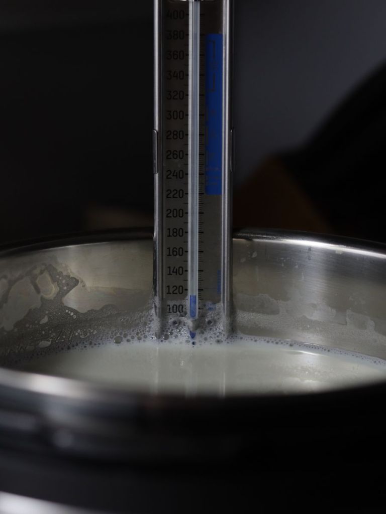 candy thermometer in a pot of hot milk for making homemade greek yogurt