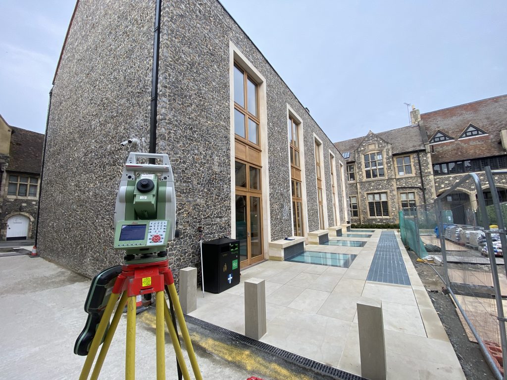 total station with newly built extension in historic building style to check built positions