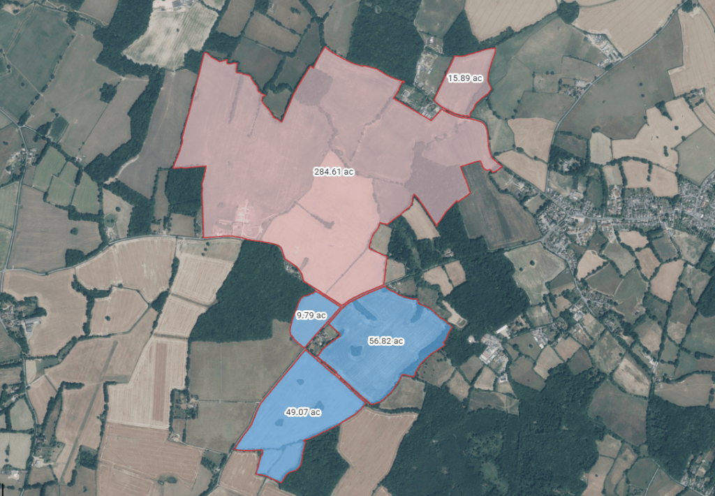 aerial image of countryside with detailed plots of land marked out and their sizes written inside, the areas are shaded in two different colours for different land uses