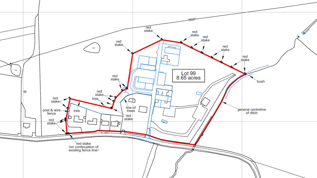sample boundary transfer plan with ordnance survey data and surveyed data labelled for clarity as to features