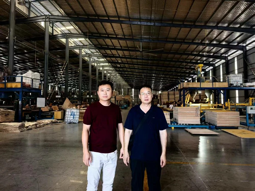 A photo of two men inside a plywood manufacturing facility.