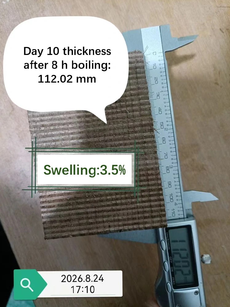 The plywood thickness was measured using an instrument, with the measurement taken on Day 10.
