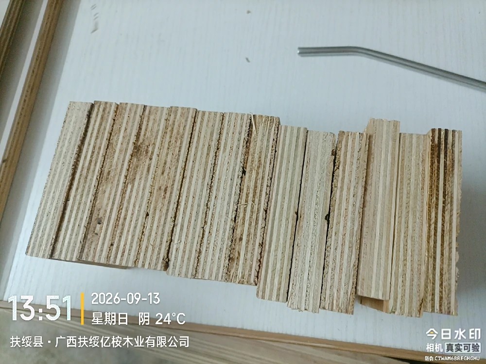Plywood cut-section samples showing good bonding and condition between veneer layers.
