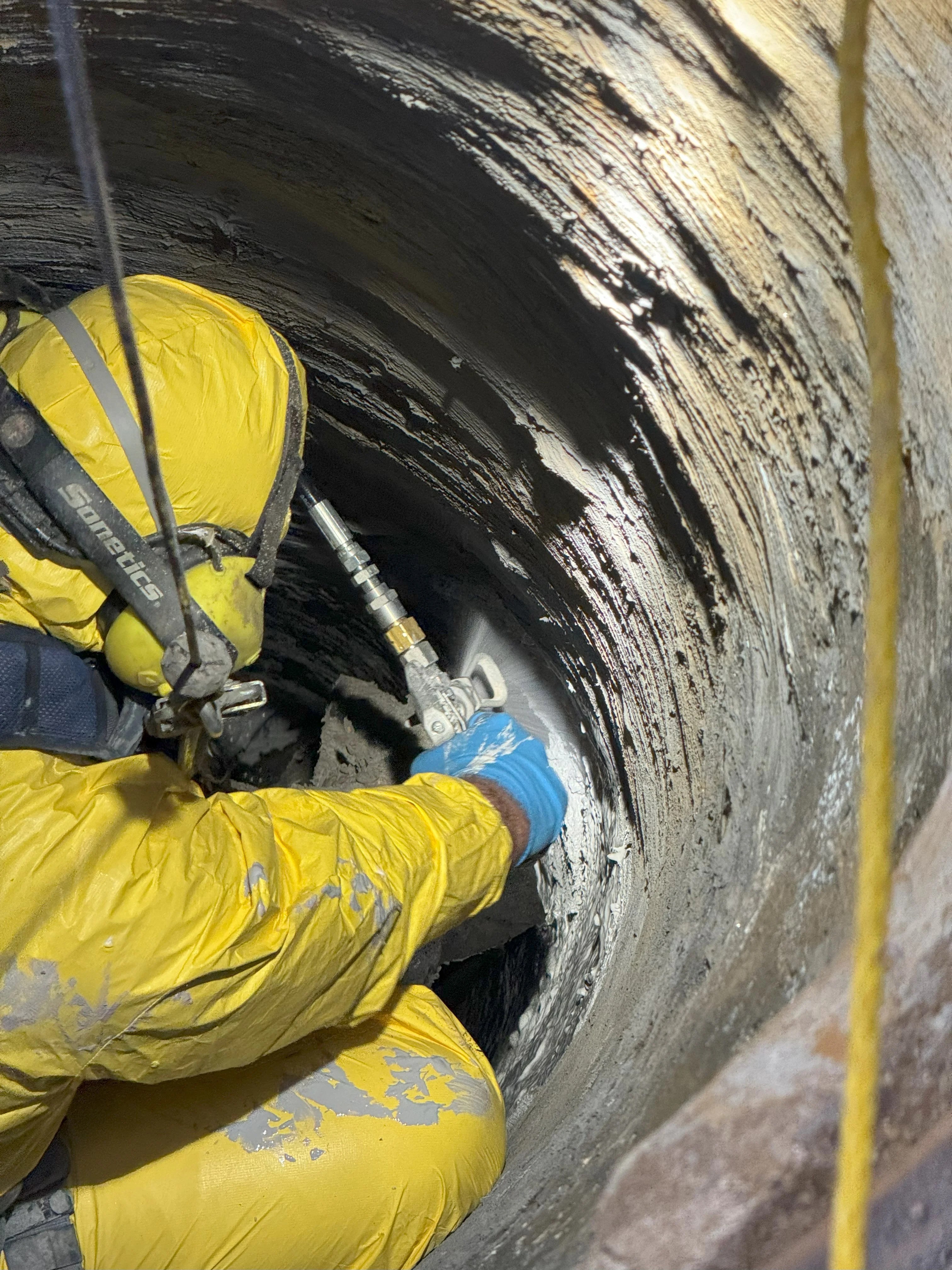 Technician applying protective coating inside wastewater pipeline