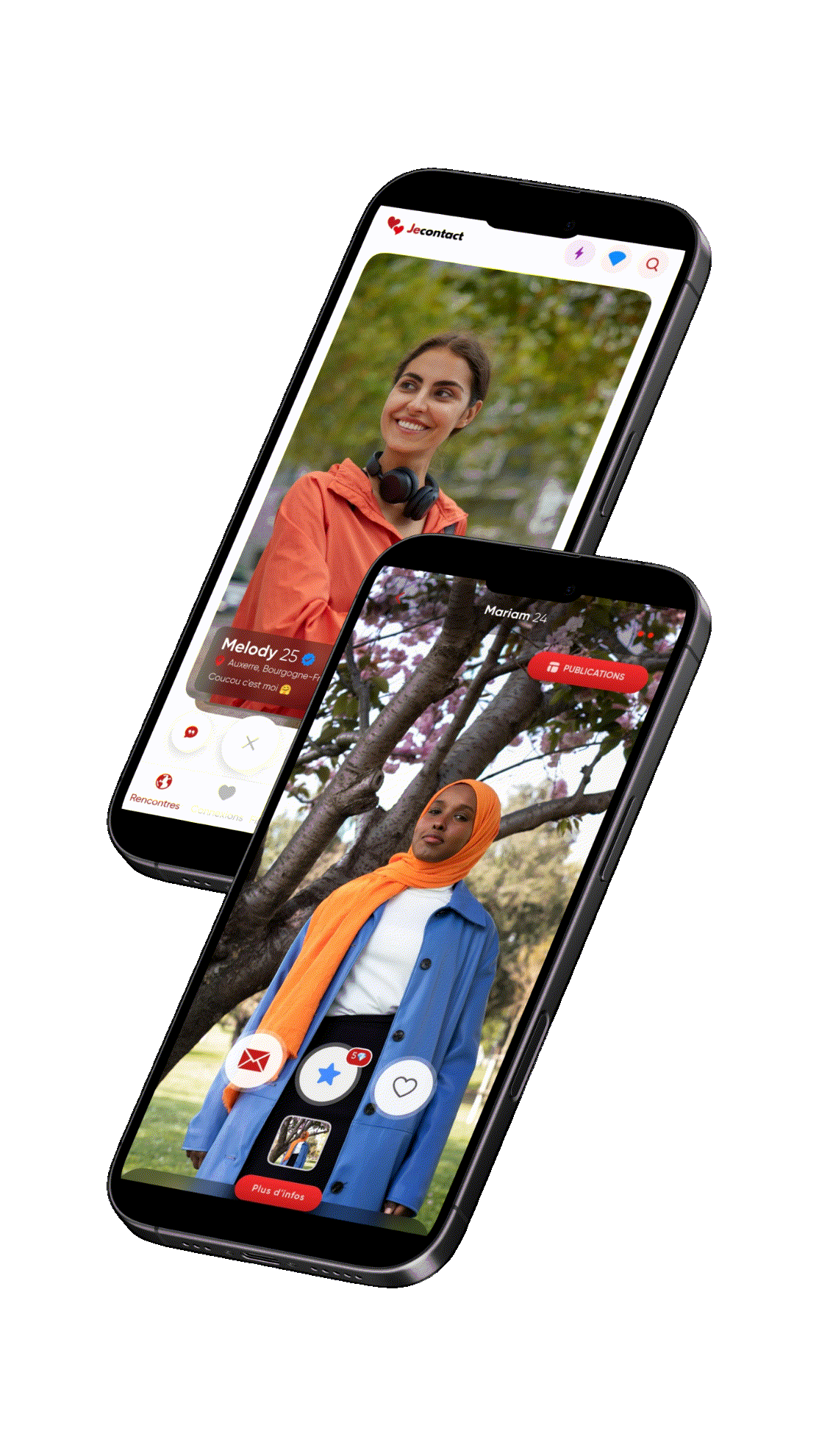 Capture d'écran de l'application de rencontre Jecontact : écran d'accueil et consultation d'un profil