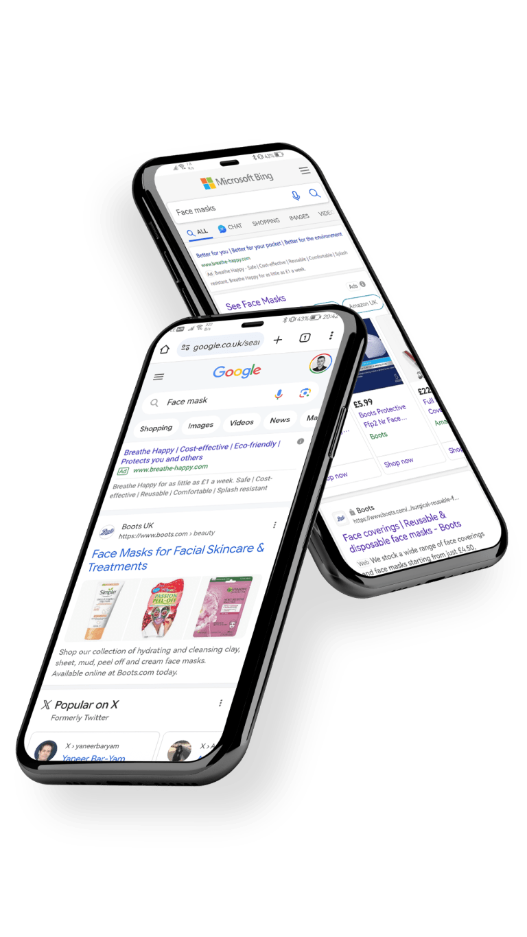 Two phones displaying Microsoft ad and Google ad
