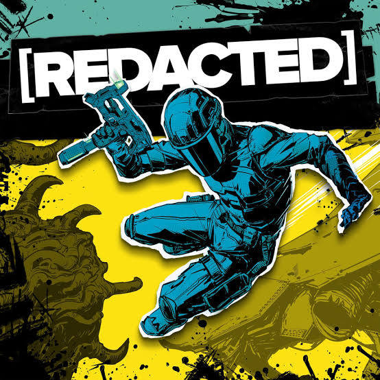 REDACTED album art: armored sci-fi soldier jumps with gun as tentacled monster attacks, bold comic graphic design