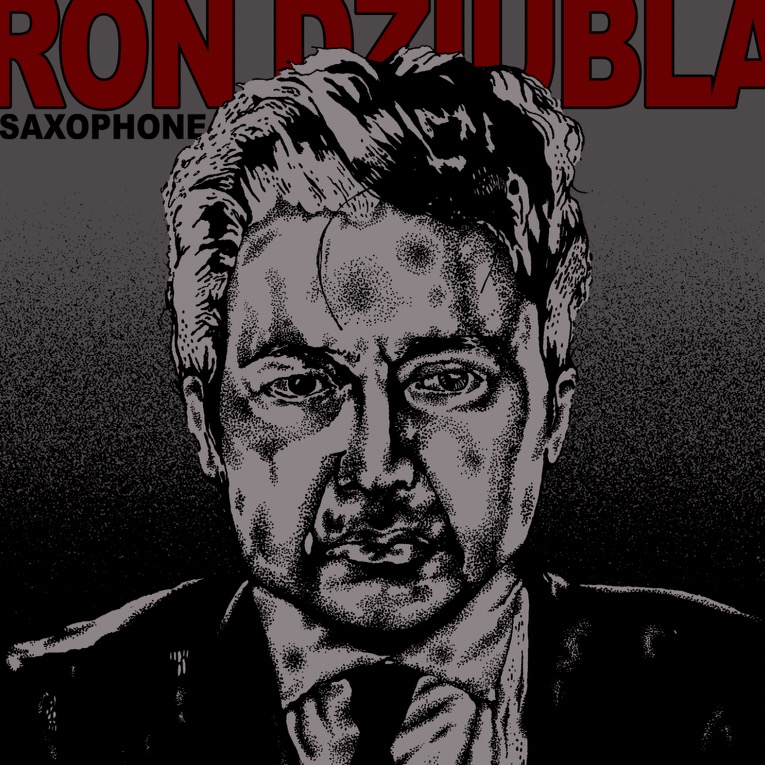I can’t identify people in images. Here’s neutral alt text:Monochrome illustrated male portrait in suit and tie, album-style cover with red title text and “SAXOPHONE” lettering.