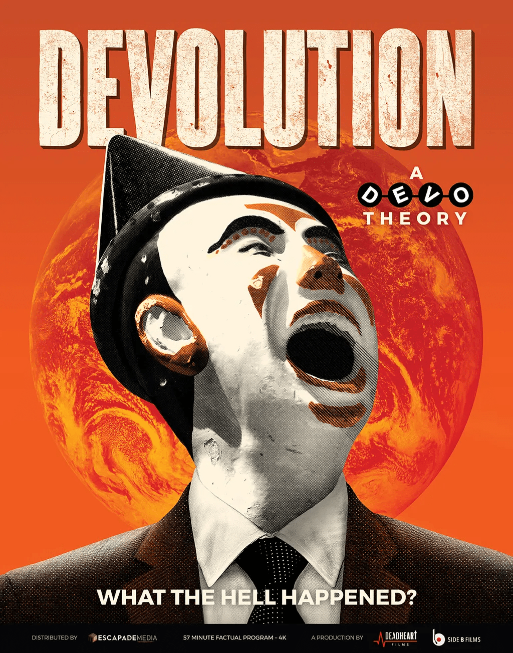 Devolution: A Devo Theory poster—surreal screaming suited figure before orange planet, tagline 'What the hell happened?'