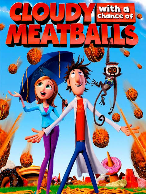 Cloudy with a Chance of Meatballs poster: Flint Lockwood and Sam Sparks amid raining meatballs and giant food.