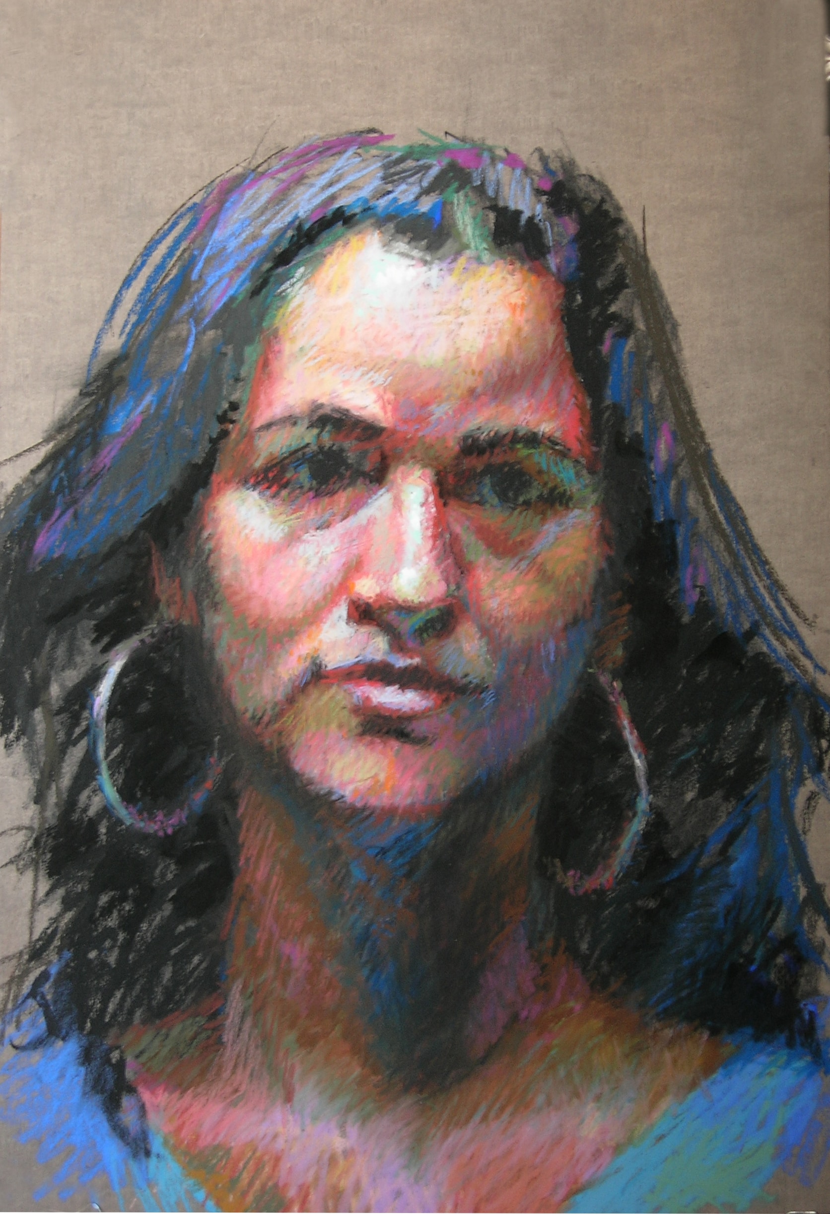 Roxanne | Pastel painting of a woman with dark hair on tan sanded paper by artist Jeffrey Smit