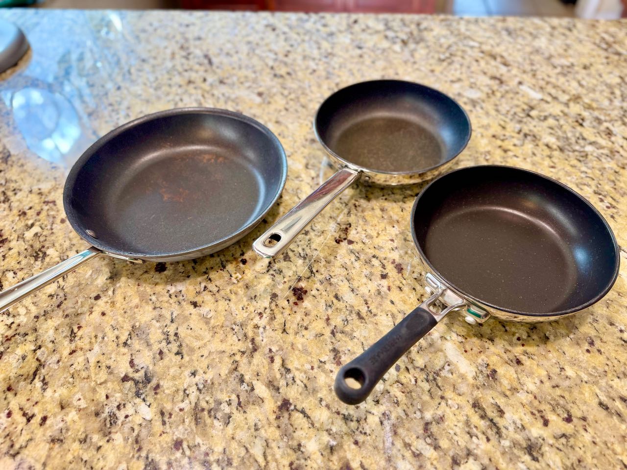 Group of 3 Non-stick Skillets - All Clad, Farberware & Main Ingredients Brands