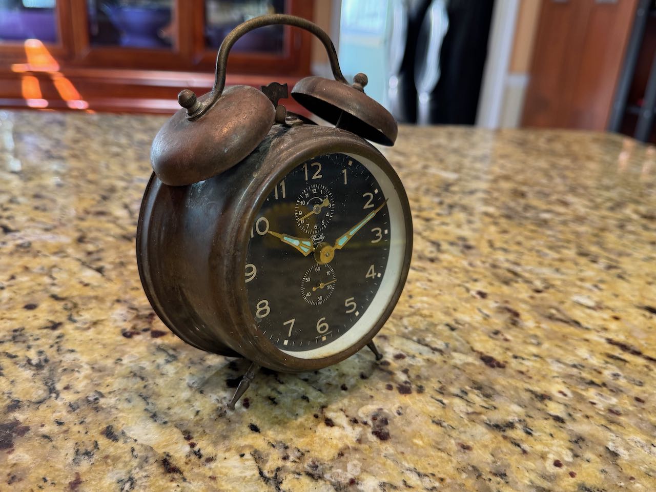 Antique German Brass Alarm Clock with Black Face & Glow-in-the-dark Hands