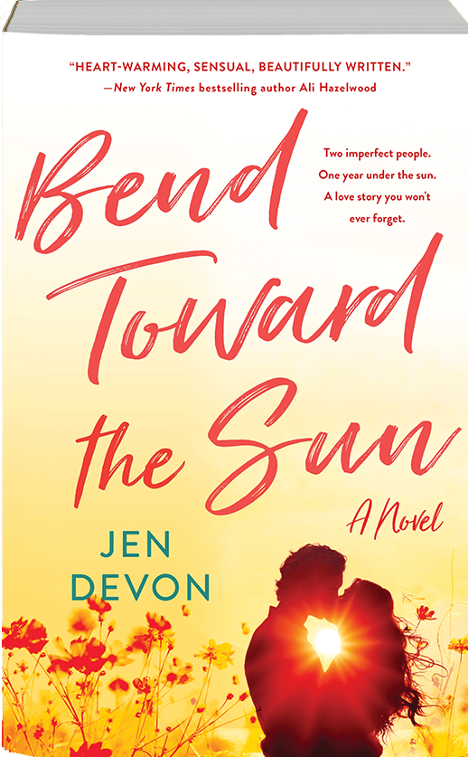 3D transparent graphic of the book BEND TOWARD THE SUN, featuring a silhouette of a man and a woman kissing against a yellow sunset, surrounded by red wildflowers.