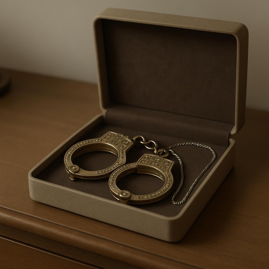 Golden metal handcuffs rest inside an open, khaki-colored rectangular box Question-Image Generator Questions: 1: Identific...
