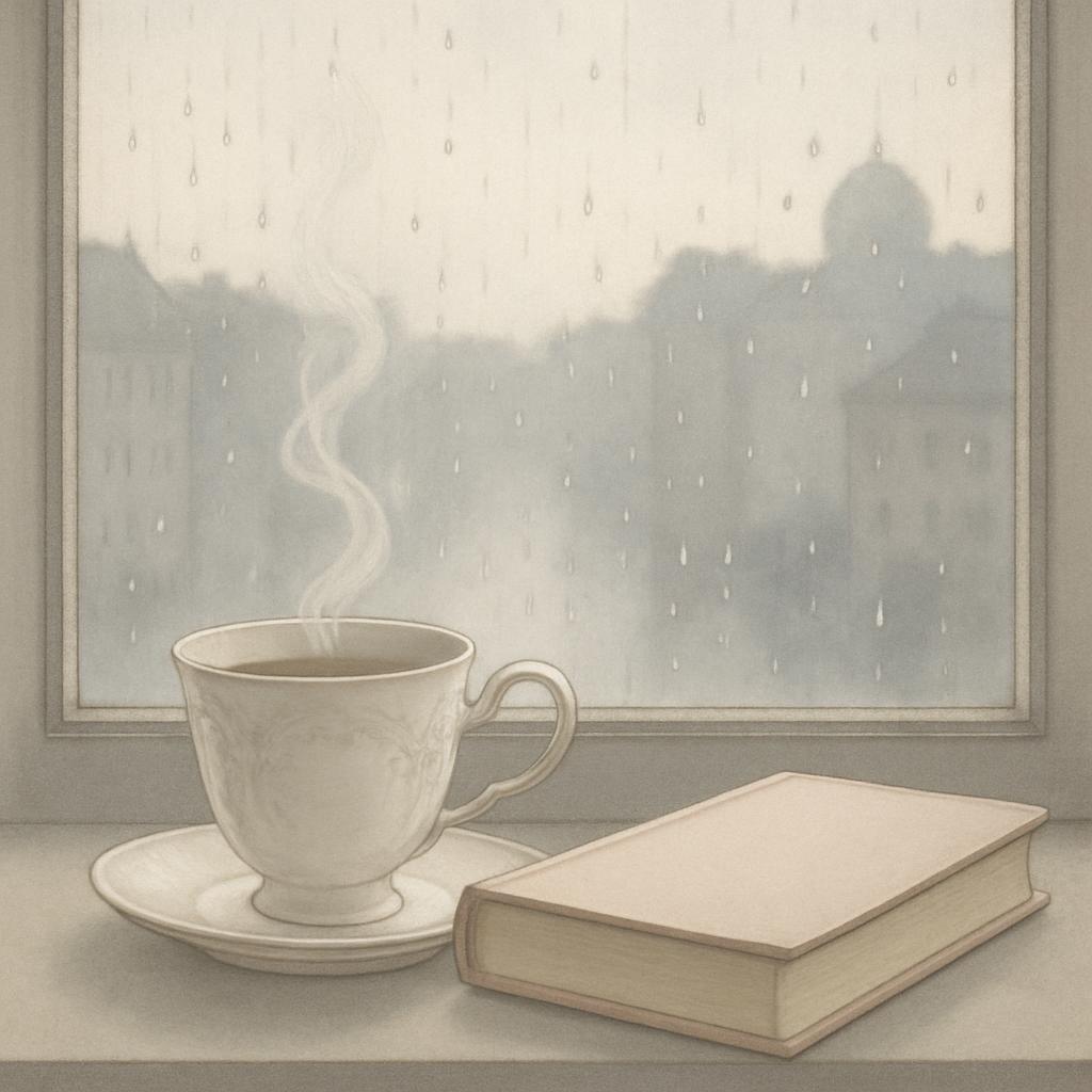 A steady light rain falls from grey clouds out of frame behind a large cityscape featuring a large prominent white dome to...