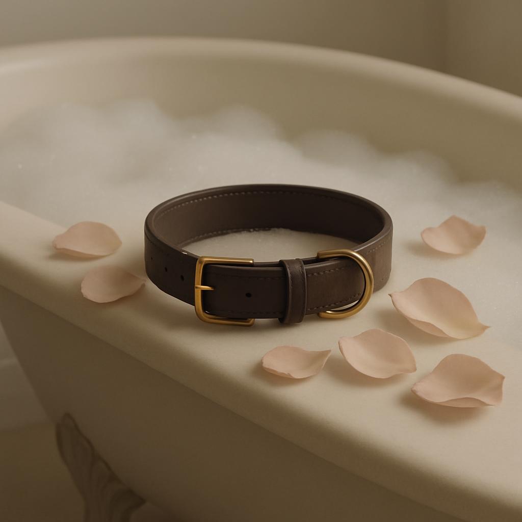 The image is a close-up, top-down photograph of a brown leather dog collar in a white clawfoot bathtub filled with water a...