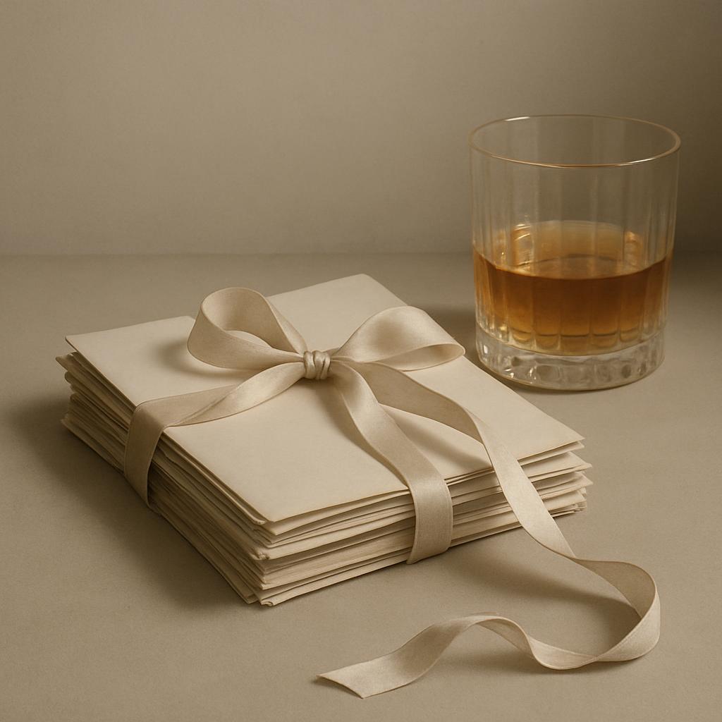 A beige ribbon is tied around a stack of white paper cards, with the ribbon's loose ends extending off-screen. Next to the...