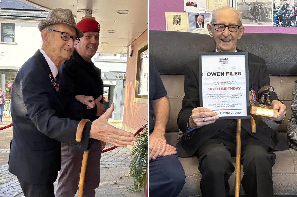 British World War II veteran Owen Filer celebrates his 107th birthday and shares his love of fish and chips.