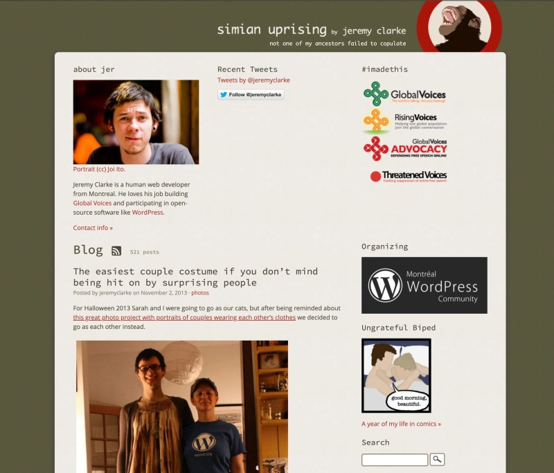 A screenshot of a blog from 2013, similar to the previous image, with the screaming monkey artwork at the top, but now the layout is wider and more modern, with an introduction to jer at the top, along with a list of recent tweets and icons for Global Voices projects that Jer works on, and the blog showing below.