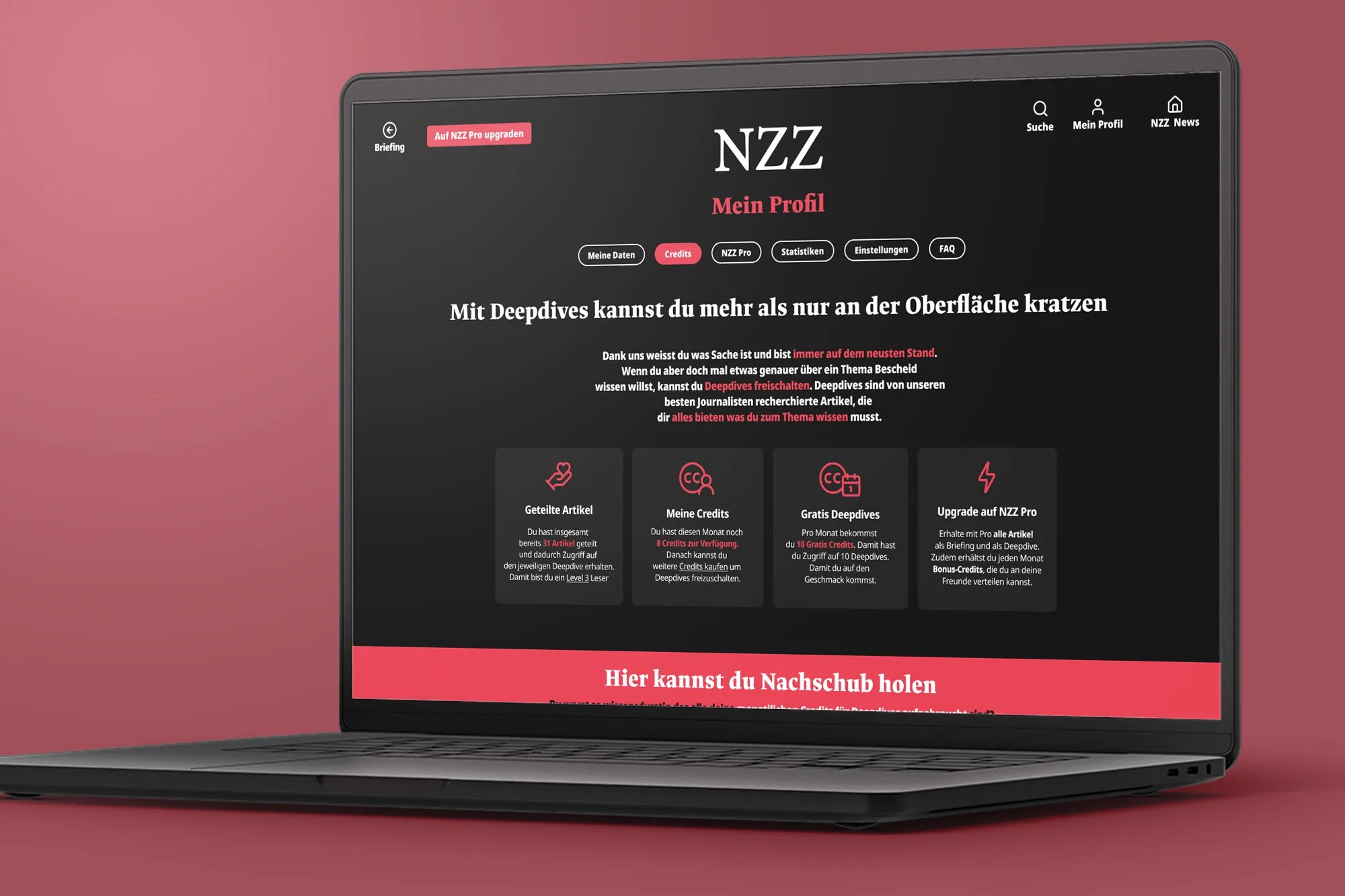 Der Meine Daten Bereich in dem Credits gekauft werden können.