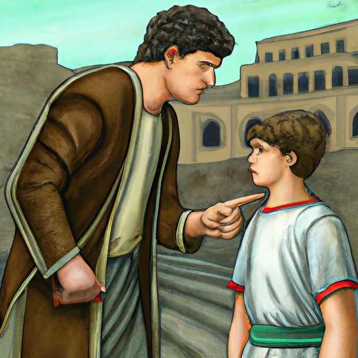 Artistic interpretation of a pedagogue teaching his ward. 