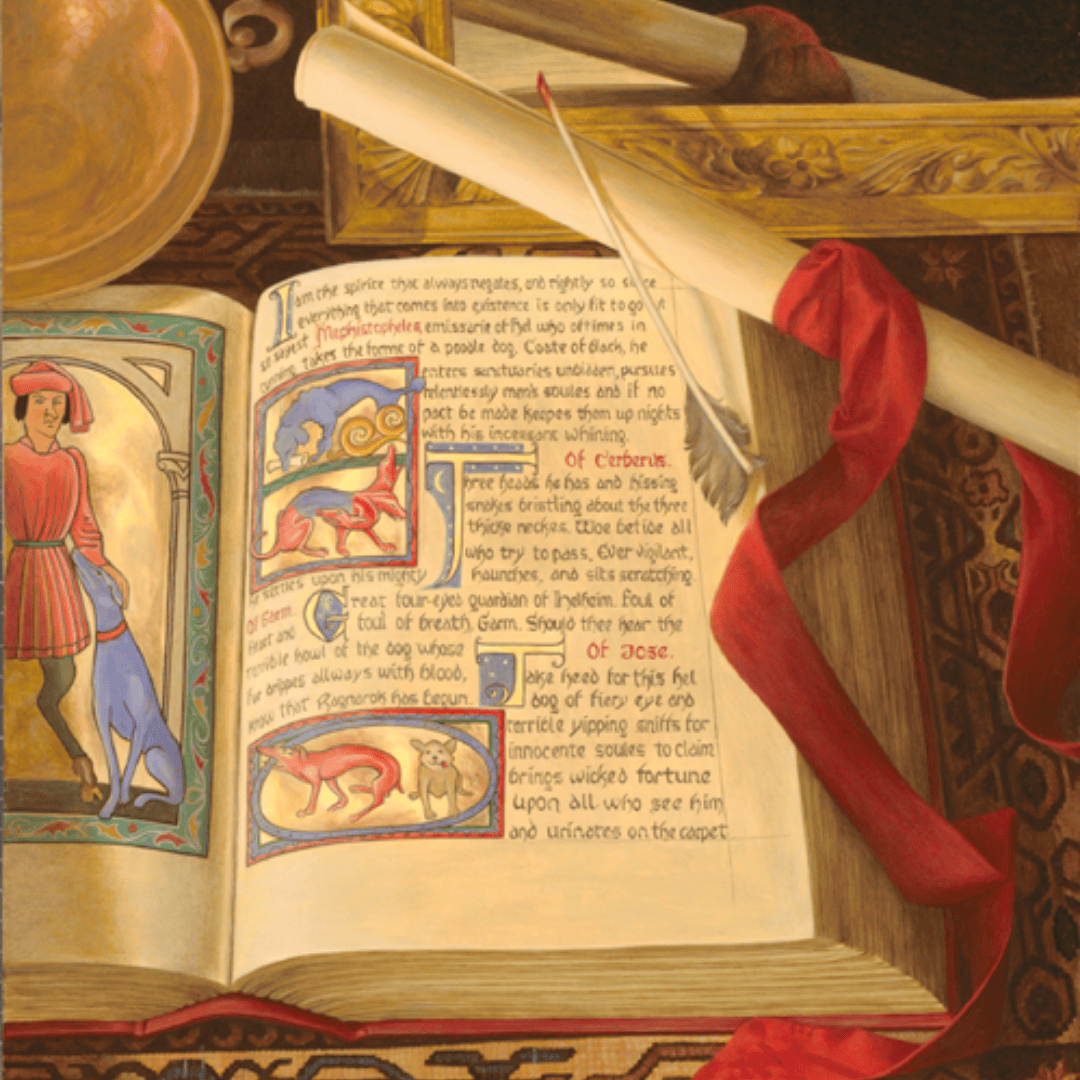 An image of a medieval style book filled with fancy lettering and colorful images. On top of the book is a rolled up scroll tied with a red ribbon.