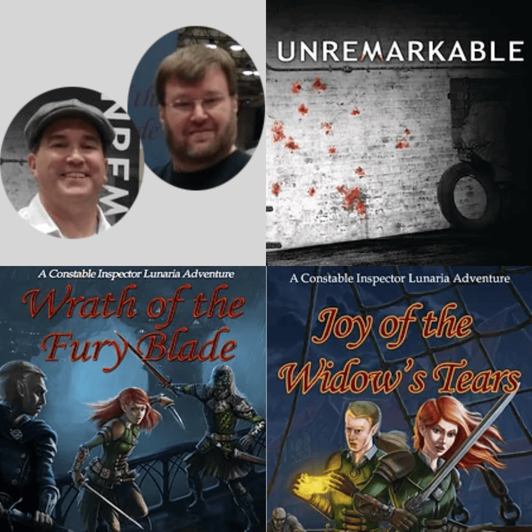 Four separate images within one block: Image 1 provides headshots of two men smiling at the camera. Images 2, 3, and 4 all are of their different published books: Unremarkable, Wrath of the Fury Blade, and Joy of the Widow's Tears